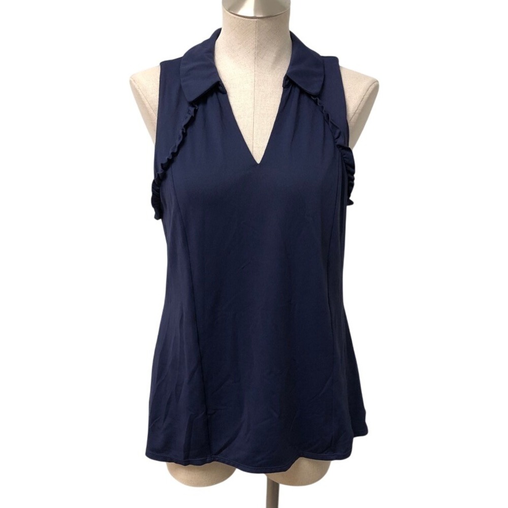 Lilly Pulitzer Luxletic Top Womens Large Navy Blue Ruffle Sleeveless Resort